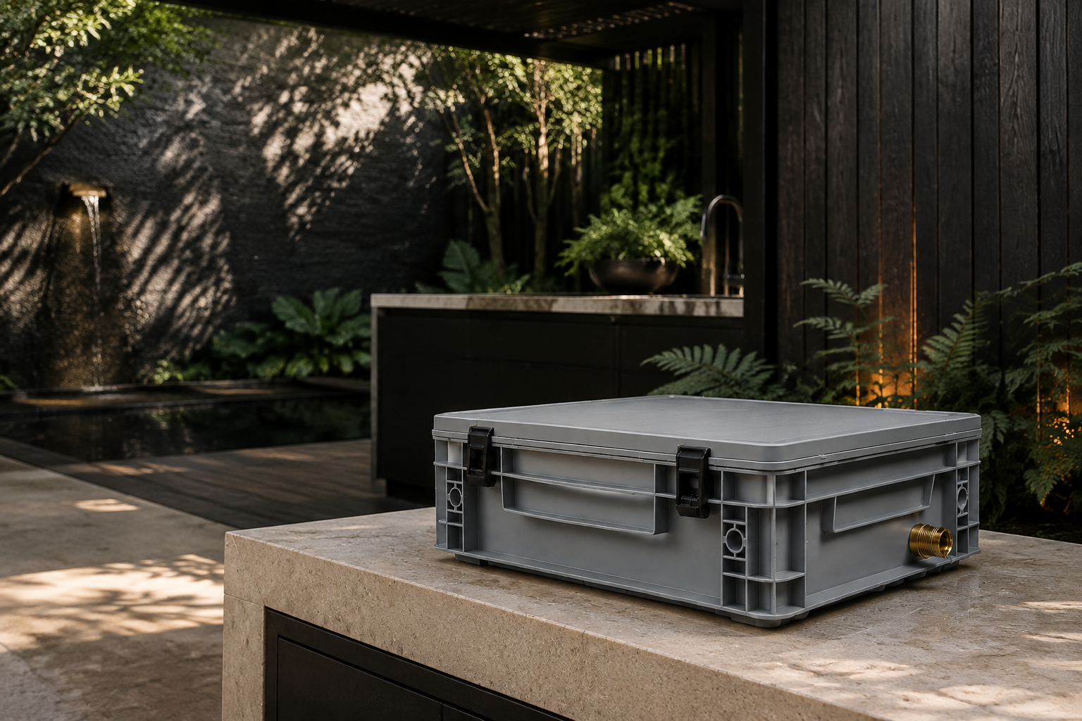 Geschlossene purewaterBOX in einer hochwertigen Gartenarchitektur