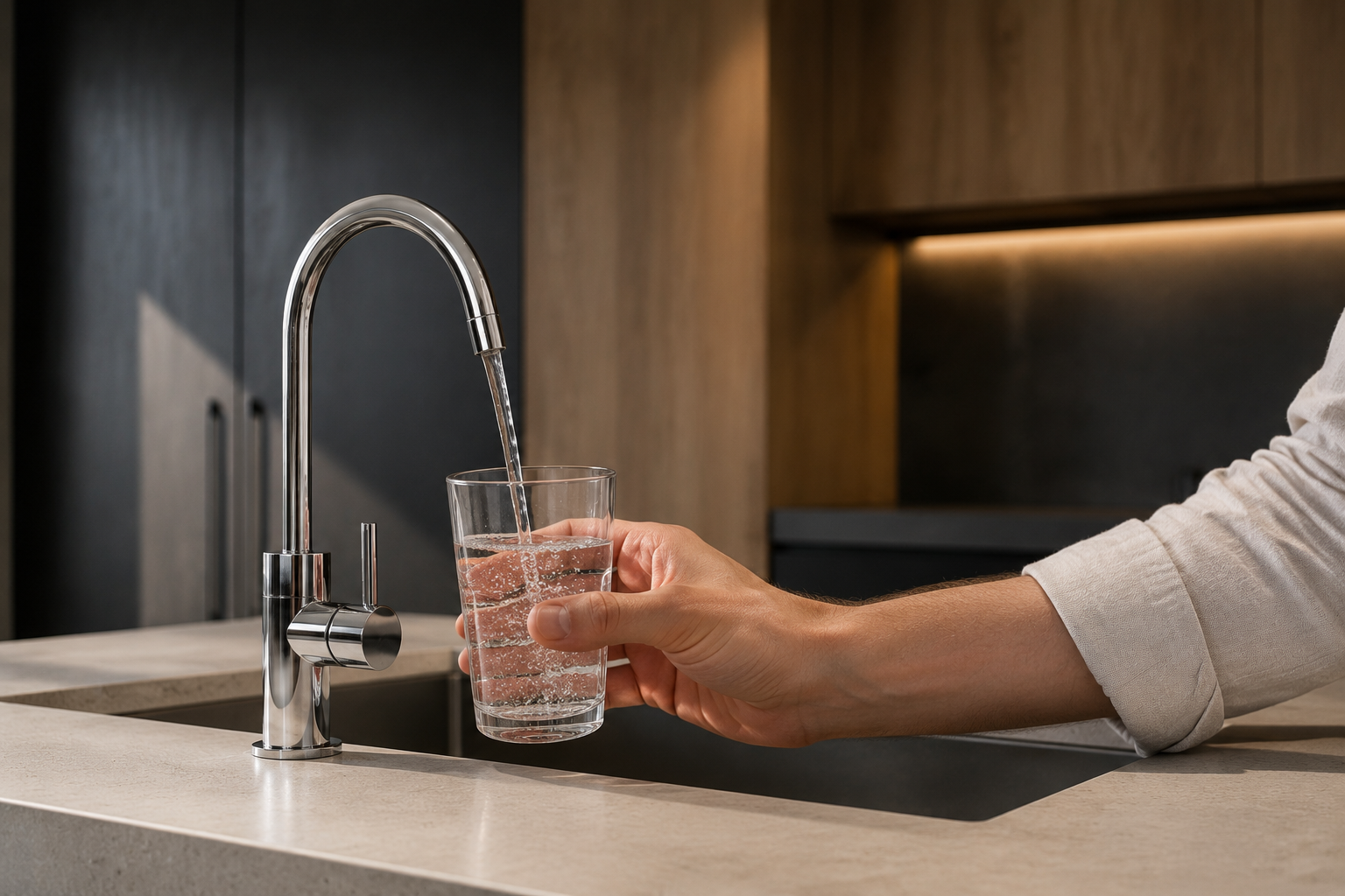 Hand hält ein Glas unter den separaten Wasserhahn