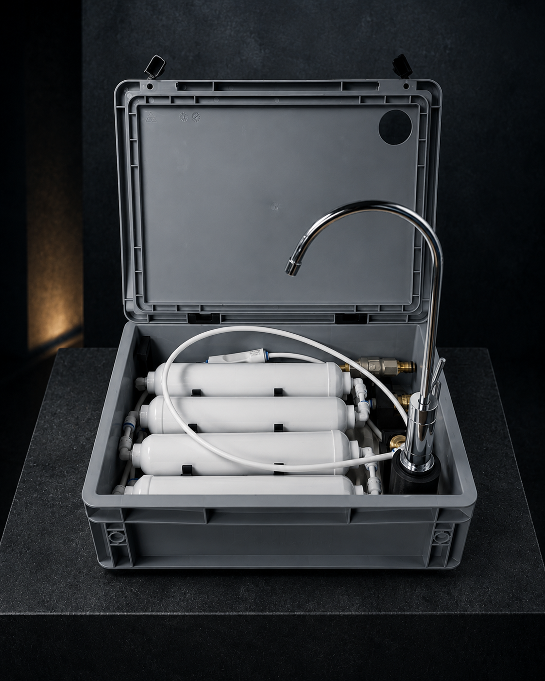 Geöffnete purewaterBOX mit sichtbaren Kartuschen und Anschlüssen
