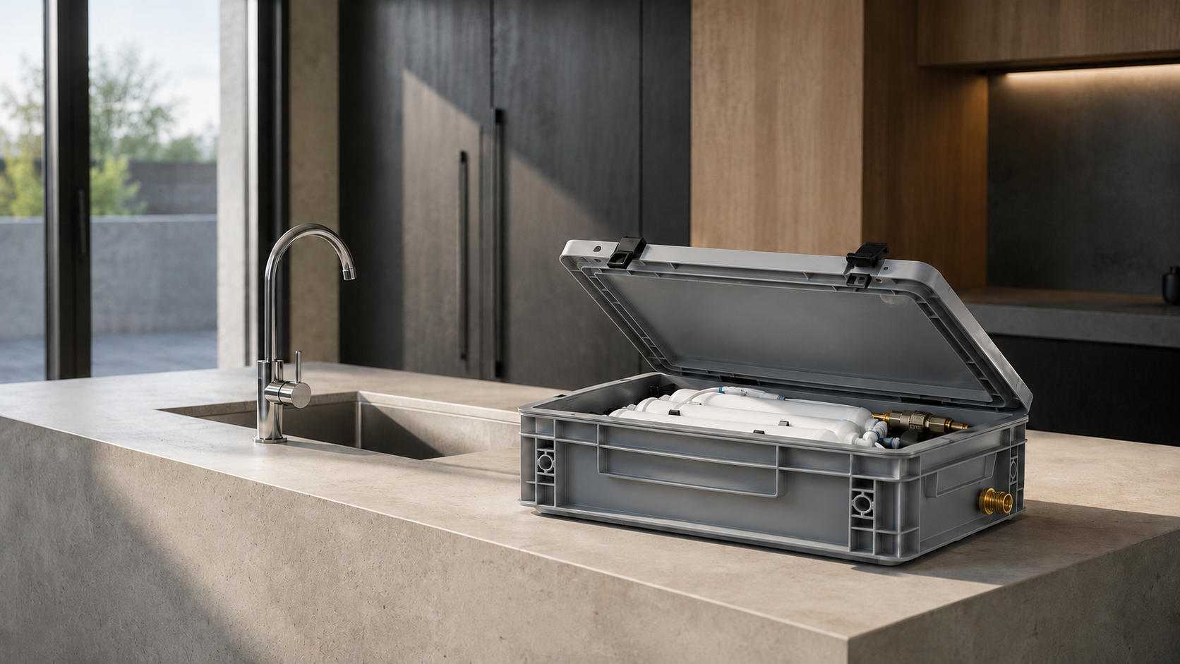 Geöffnete purewaterBOX in einer hochwertigen Küche